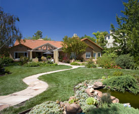 A well landscaped yard featuring a slate walkway and water feature.